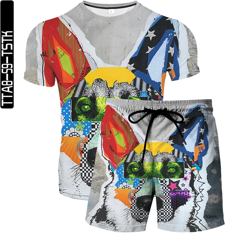 

3D printing cute funny puppy summer new men's T-shirt + beach pants 2-piece set of casual breathable jogging street style S-6XL