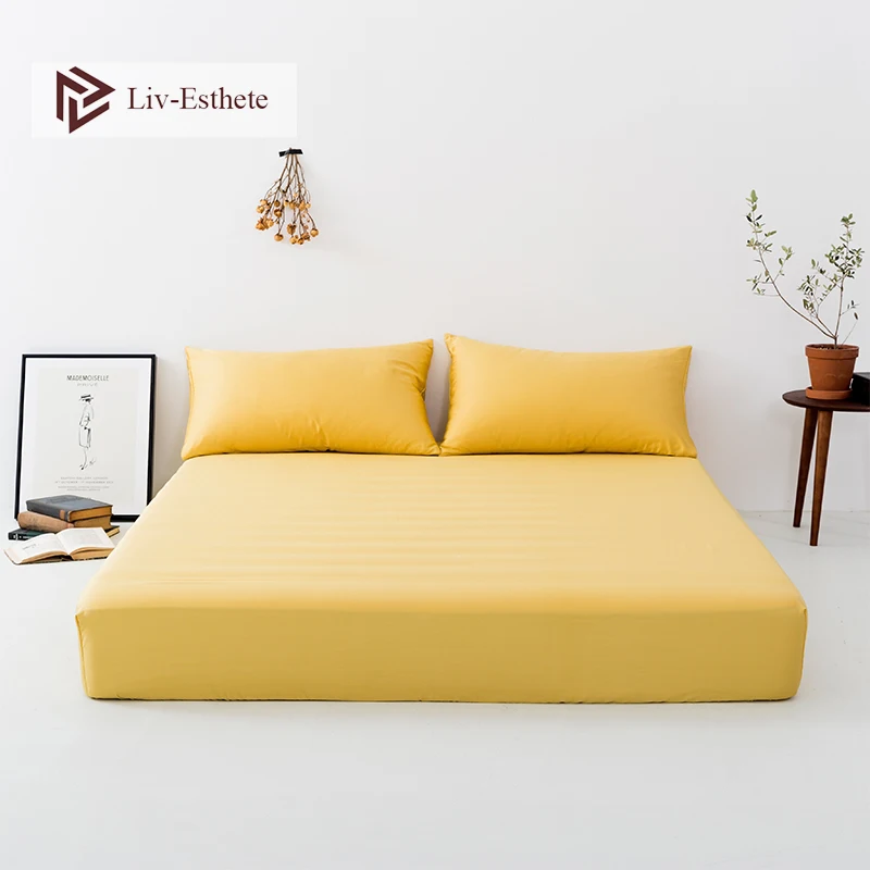 

Liv-Esthete 100% Silk Yellow Fitted Sheet Silky Healthy Double Queen King Mattress Cover Bed Sheets Pillowcase For Women Men