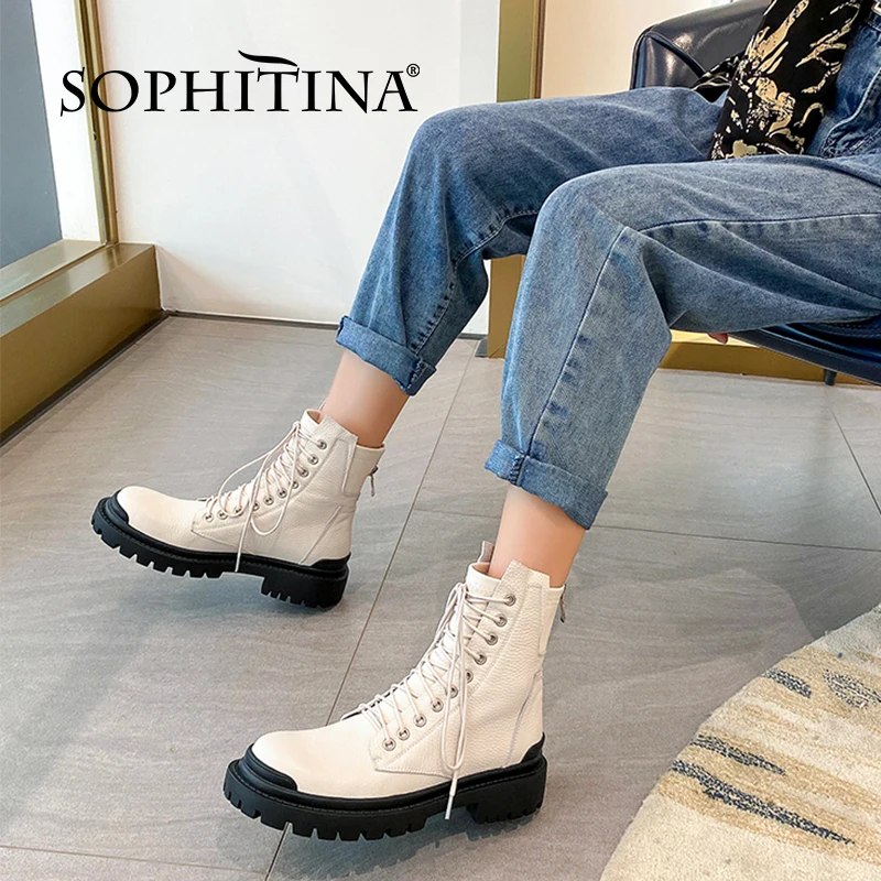 

Женские Универсальные ботинки SOPHITINA, натуральная кожа, на молнии, на шнуровке, плоская платформа, модные полусапожки, FO787