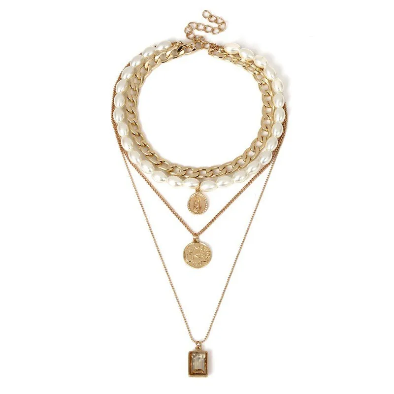 

Multi-layer Oval Beads Strand Link Chain Necklace Baroque Imitation Pearl Coin Square Gem Pendant Statement Choker Women Jewelry