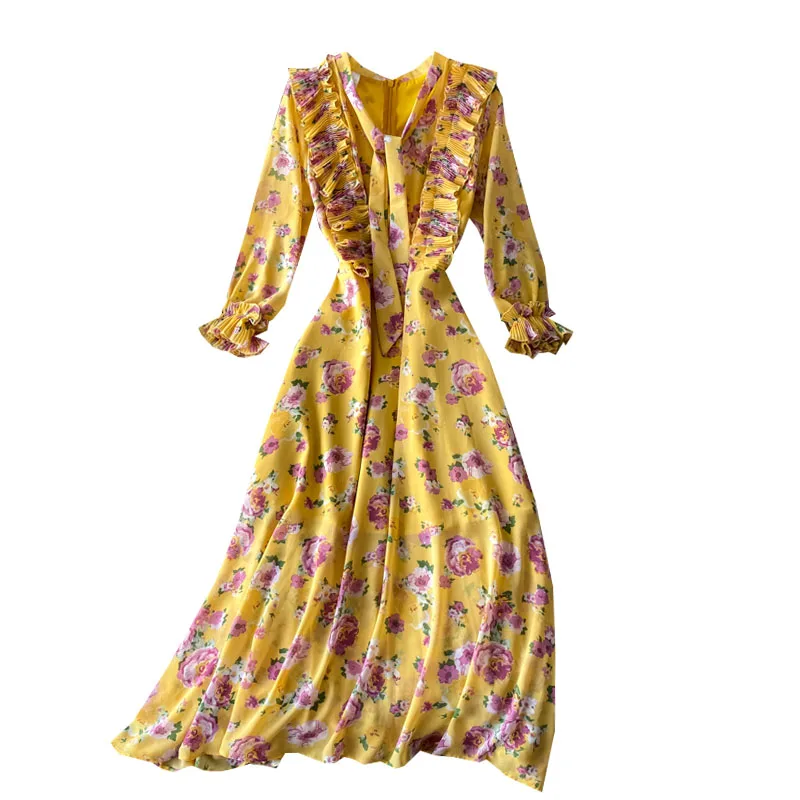 

Spring Autumn New Style Long-sleeved French Waist Waist Big Over-the-knee Long Skirt Ruffled V-neck Bow Floral Dress UK443