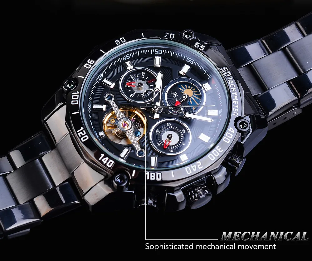 Forsining полностью черные Tourbillon механические часы мужские Moonphase Дата нержавеющая сталь Группа Автоматические наручные часы Erkek Kol Saati