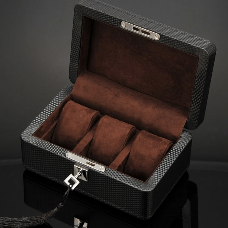 

3 Slots Leather Watch Box Case Black Mechanical Watch Organizer with Lock Women Jewelry Storage Holder Gift Case