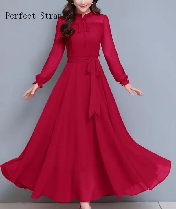 

2021 Spring Autumn Winter New Arrival Stand Collar M-5XL Stand Collar Long Sleeve Women Chiffon Long Dress