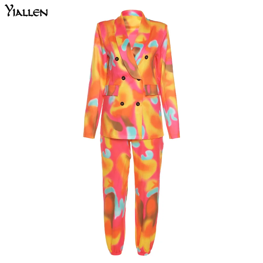 

Yiallen Casual Outwear Women 2Piece Set Gradient Print Long Sleeve Coat+Harem Pants All-matching Office Lady Matching Outfit Hot