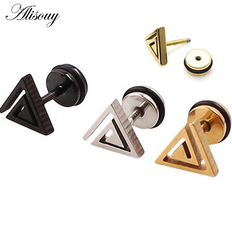 Полые треугольные белые черные серьги гвоздики из титановой стали в стиле панк