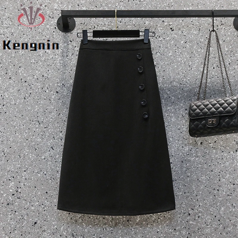 

Loose Plus Size 4XL Women's Skirts 2023 Spring Autumn Elegant Ladies Skirts A-Line Black Button Female Skirt Bottoms KE2303