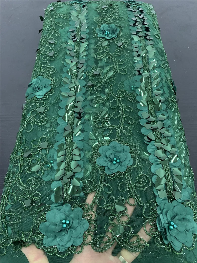 Зеленая французская кружевная ткань с бусинами Высококачественная блестками