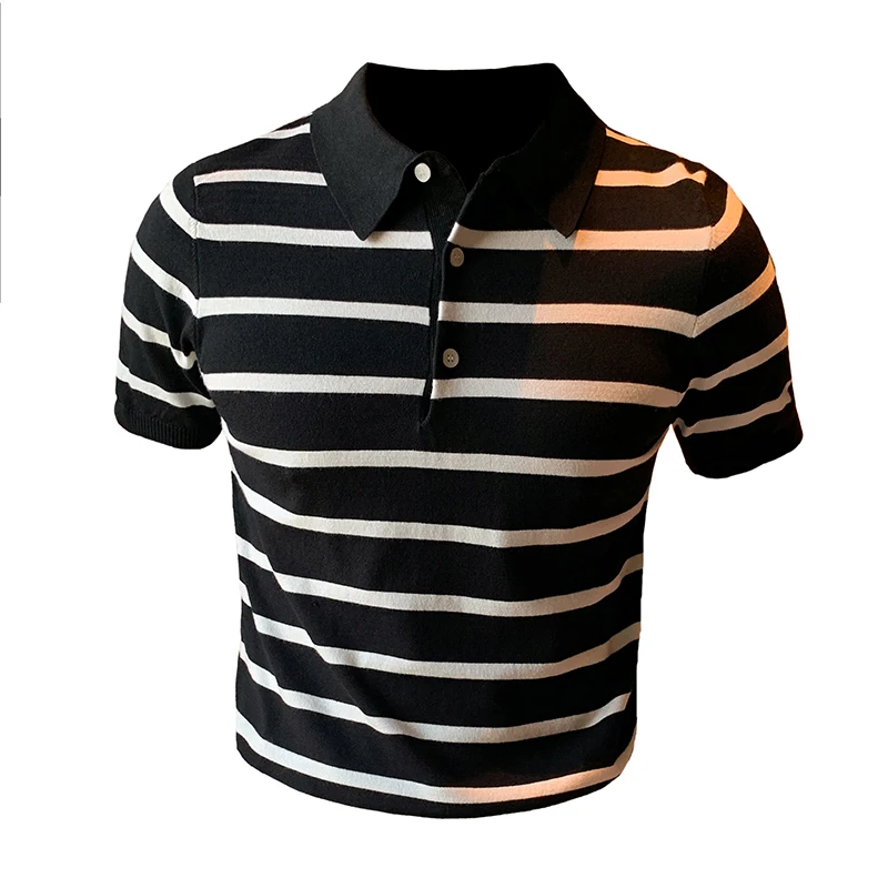 

POLO Summer Men's Shirts Casual Short-sleeved Ice Silk Polo Shirt Striped Lapel Knit Business Social POLO Shirt Male Clothing