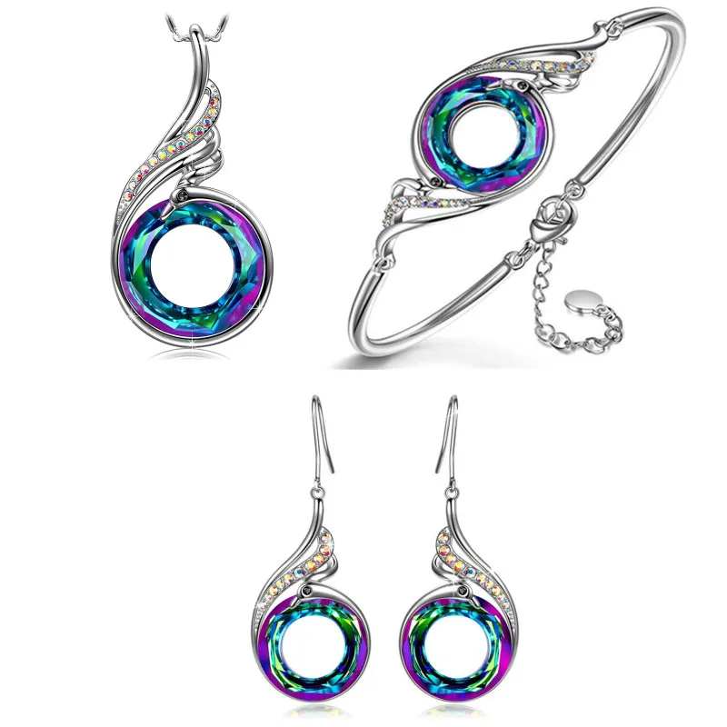 

Creative New Ethnic Phoenix Colorful Diamond Peacock Pendant Necklace Fashion Lady Magic Crystal Earrings Exquisite Jewelry Gift