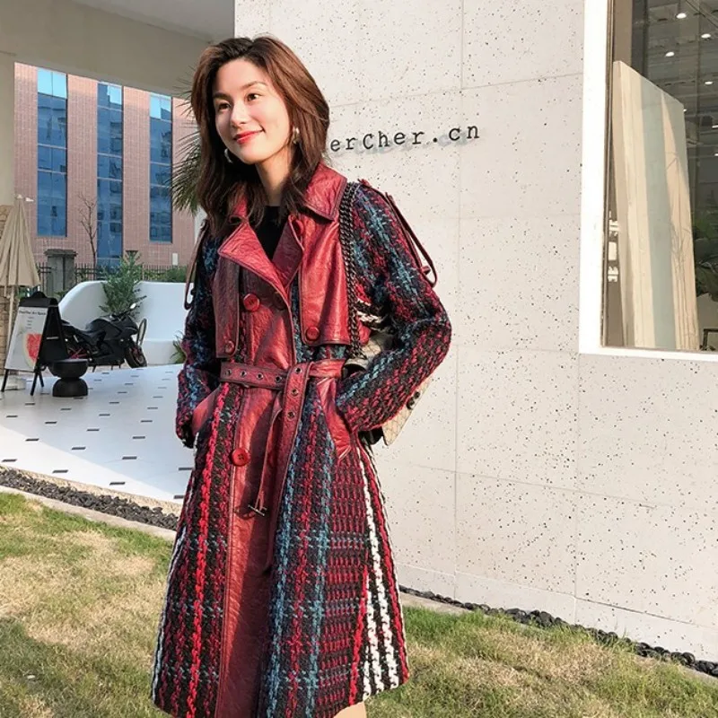 Женское пальто из натуральной овечьей кожи облегающее с поясом ветровка для