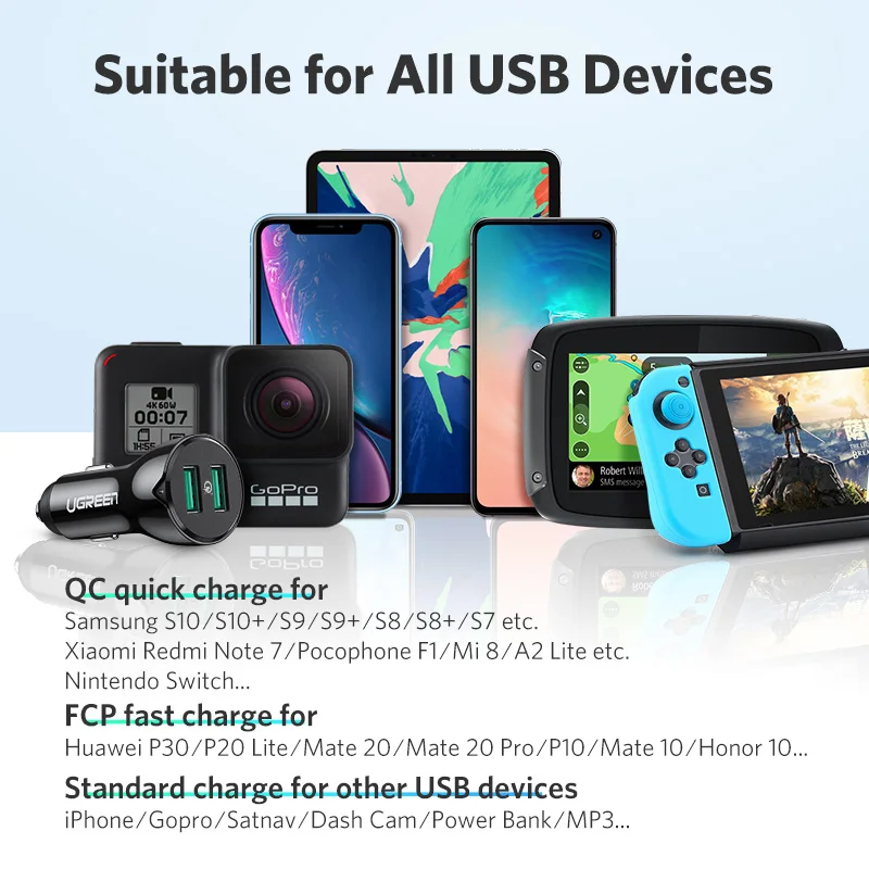 Ugreen 36 W автомобиля USB Зарядное устройство двойной Быстрый 3,0 заряда для iPhone Xiaomi huawei USB быстро Зарядное устройство для samsung S9 S8 автомобильный телефон Зарядное устройство