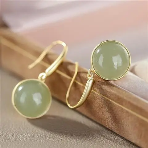 

Hengqiao S925 Sterling Silver Inlaid Hetian Jade Gray Jade round Beads Gold Fashion Personality All-Match Ear Jewelry Female Ear