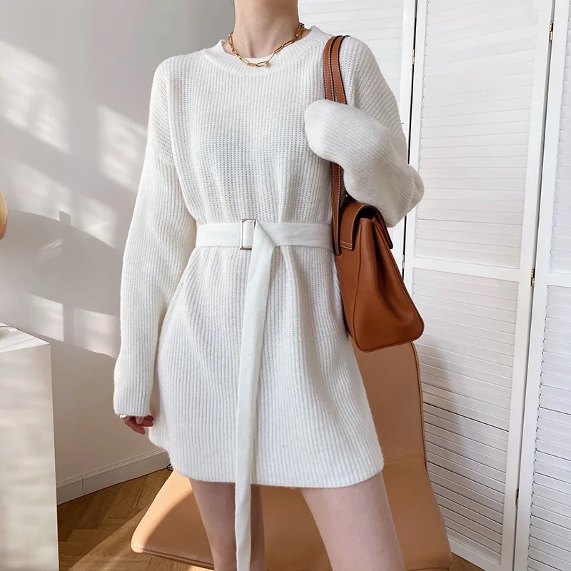 

FORYUNSHES Women Sweater Dress Solid Knitted Pullover Lace Up Korean Chic Puff Sleeve Winter New Knitwear Elegant Long Jumper