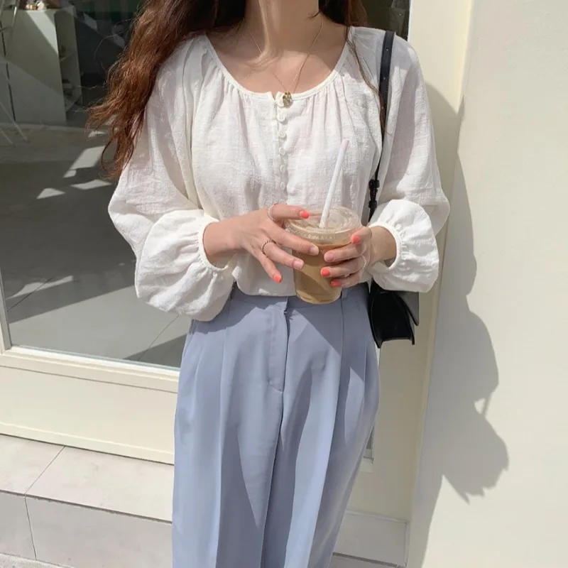 

Korean Ins Pink Sweet Girl! round Neck Pleated Lantern Sleeve Loose All-Matching Comfortable Temperament Doll Shirt
