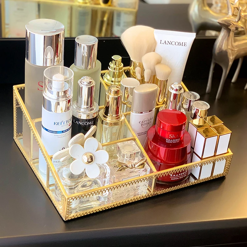 

Multi-grid Transparent Glass Makeup Organizer Storage Box Lipstick Nail Polish Perfume Cosmetic Organizer Cotton Swab Box Holder