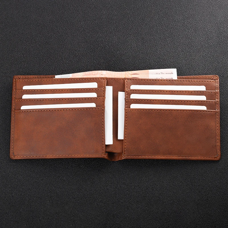 Customized Name Personalized Gift Men's PU Leather Simple Laser Bi-Fold Short Retro Brown Horizontal Ultra-thin Wallet
