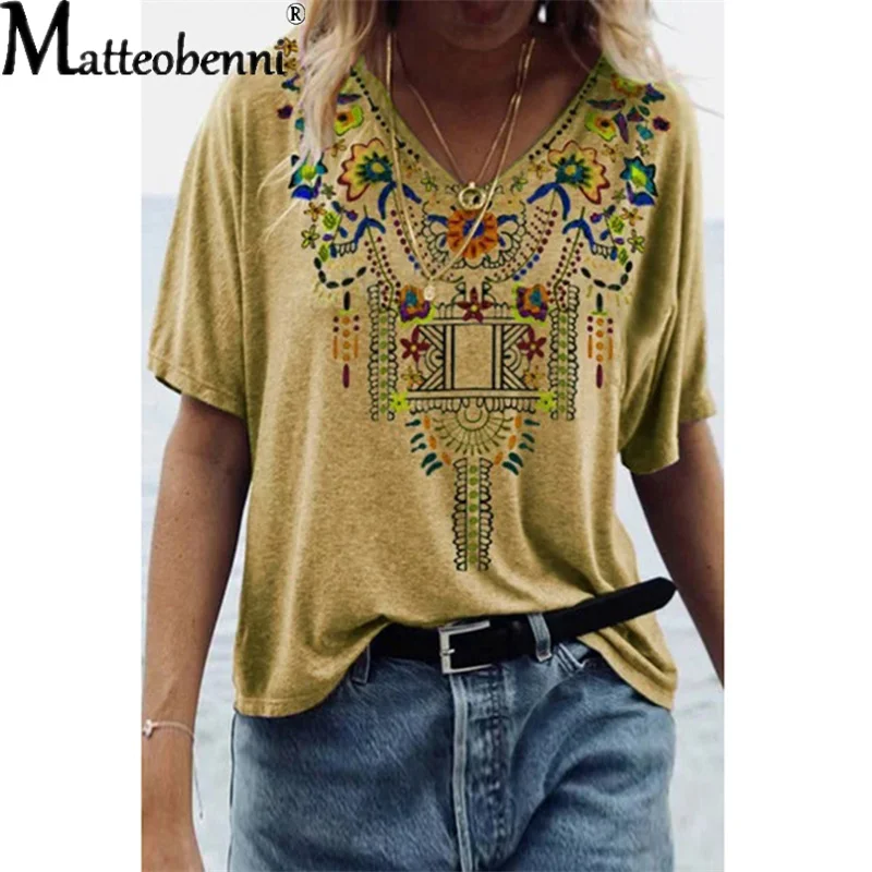 

2021 New Spring Summer Women T shirt Plus Size Short Sleeve V-neck Vintage Print Tee shirt Beach Casual Loose Female T shirt Top