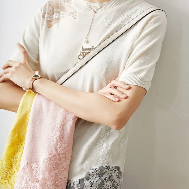 Женский трикотажный свитер с круглым вырезом хлопковая блузка коротким рукавом