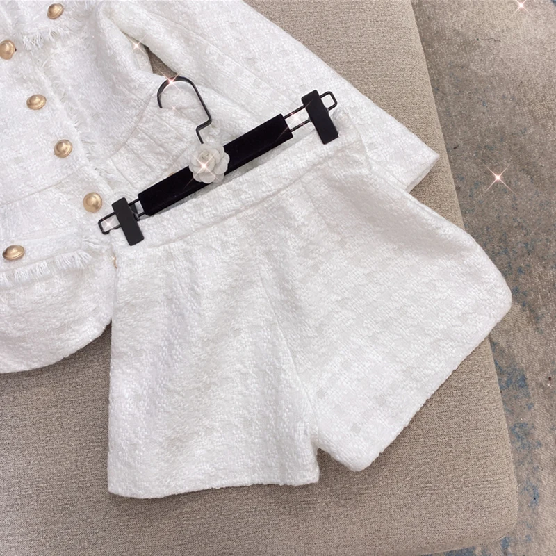 HIGH STREET 2021 New Designer Runway Suit Set Women's Gold Buttons Tweed Jacket Shorts Set