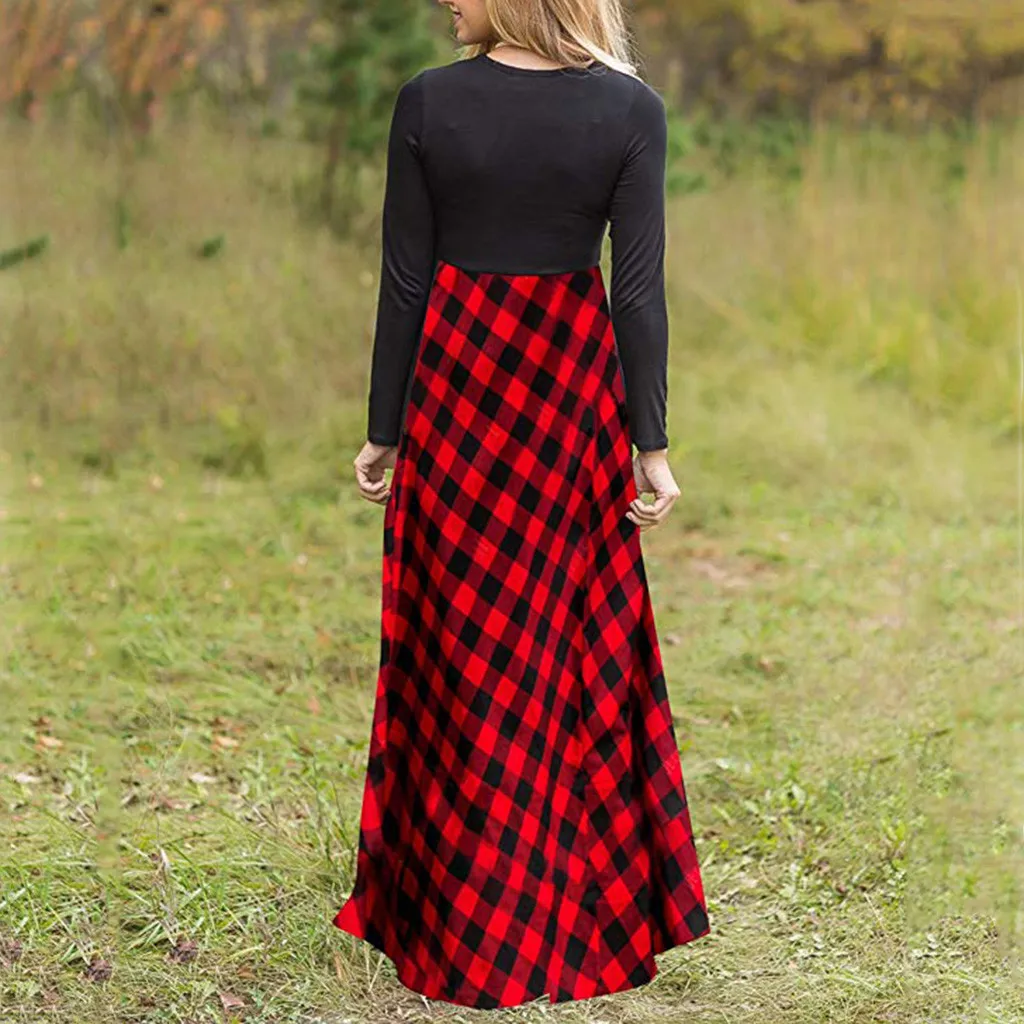 #Z40 Spring Autumn Red Plaid Maxi Dress Women Elegant Lady Blouse Long Party Sleeve Vestidos De Fiesta Noche | Женская одежда