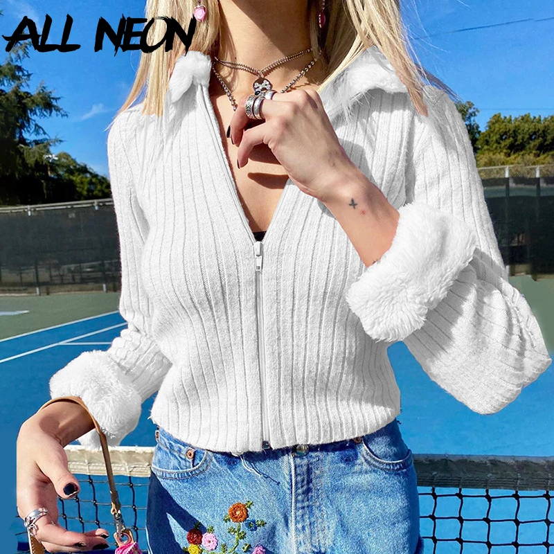 

ALLNeon E-girl Vintage Zip Up Fake Fur Callar Knitted Cardigans Y2K Fashion Solid Slim Long Sleeve Cropped Tops Sweet Jackets