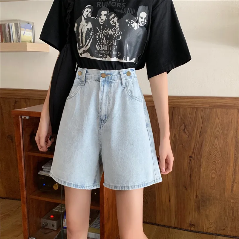 

2021 New Summer Women Vintage High Waist Slim Shorts Female Casual Loose Wide Leg Denim Shorts 2 Colors