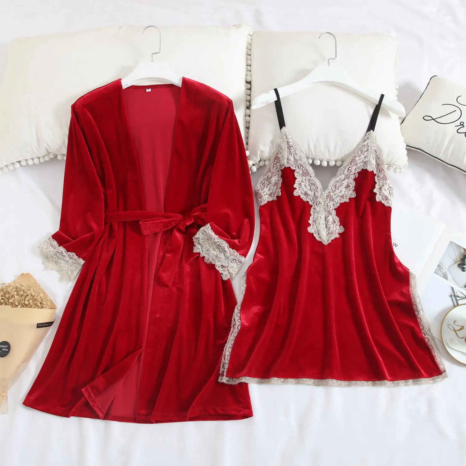 Red4 Теплый Бархатный халат, кимоно, одежда для сна, мягкий велюр, женский свадебный халат, ночная рубашка, ночное белье, повседневное банное платье, интимное белье - Цвет: Red4