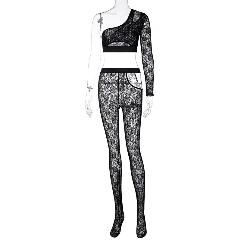 

2 Piece Set Sexy 2021 Patchwork Women Lace Long Sleeve Crop Top High Waist Full Pants Hollow Out See Through Sheer Club Party