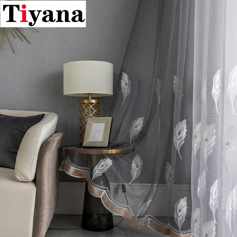 Нежный серый шторы с изображением перьев для Гостиная Спальня класса люкс дно