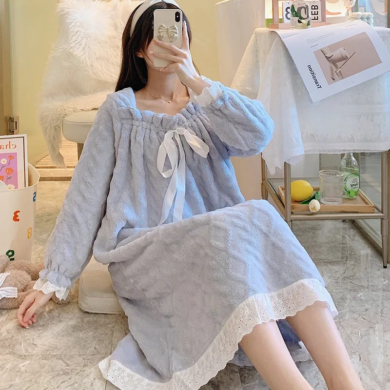 

Coral Fleece Nightgown Womens Long Sleeve Sleep Gown Lace Nightdress Casual Home Clothing Lingerie Winter Sleepwear Homewear