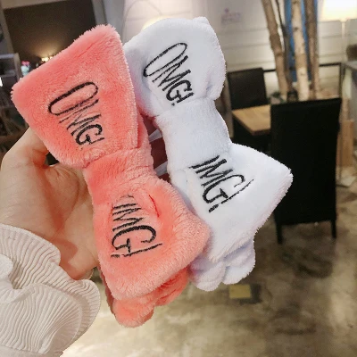 Women's Letters OMG Wash Face Bow Headband Girls Butterfly Hair Band Headwear Hairbands Coral Fleece Accessories |