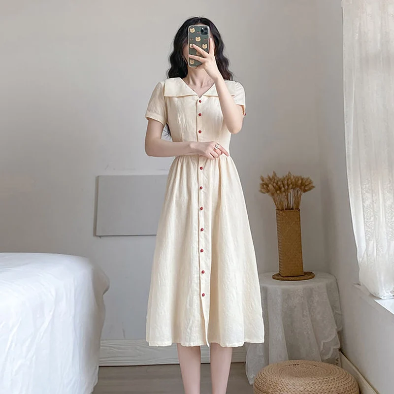 

2021 New Summer Women Dress Fashion Cotton Solid Color Vintage Student Dress Casual Short Sleeve Elegant Office Lady Dresses