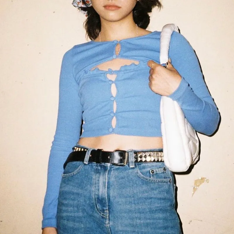 

Autumn Retro Sexy Independent Cropped Tops Fashion Long-sleeved Hollow Blue T-shirts Basic Slim Y2k Style Tops Clothes for Women