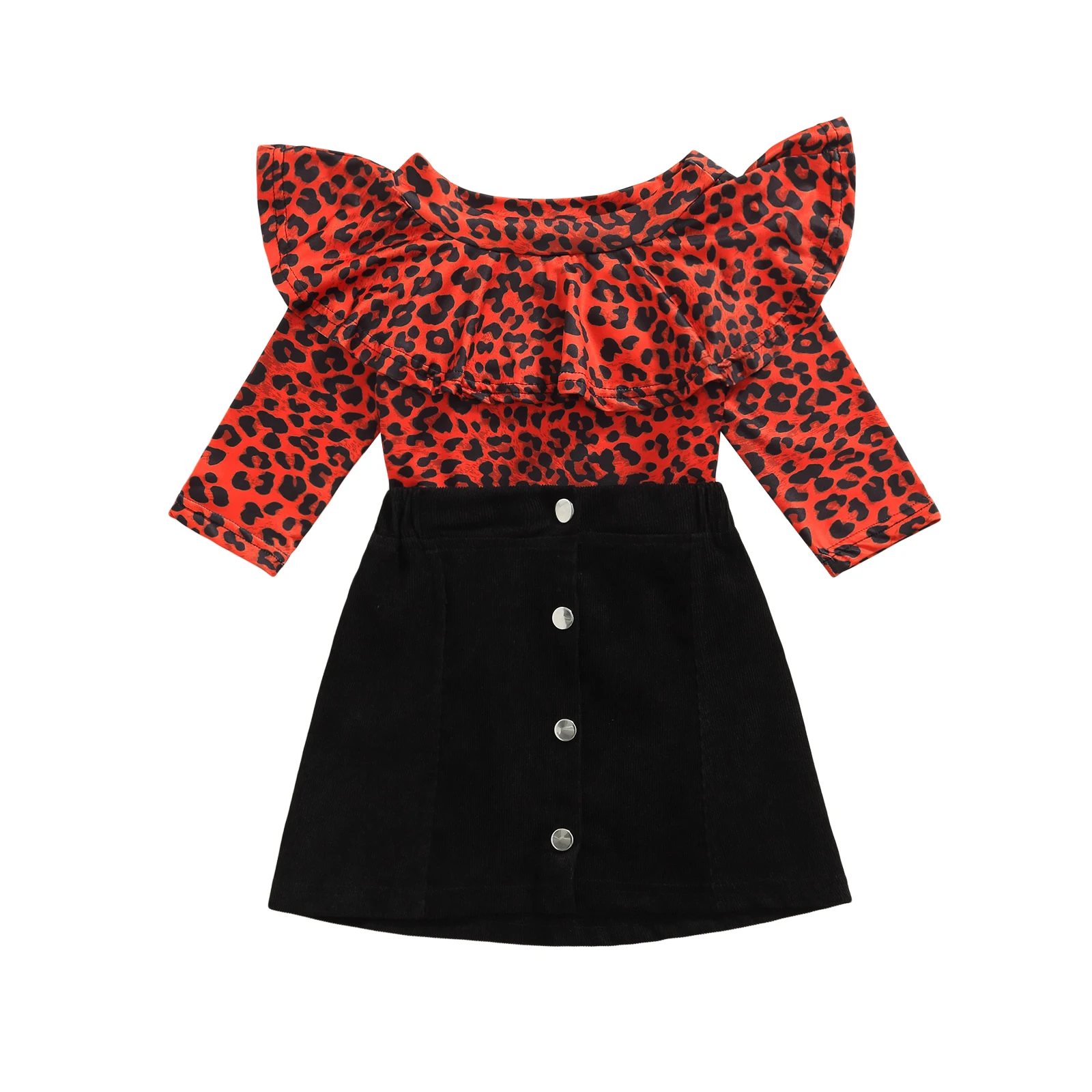 

Kids Baby Girls Clothes Casual Set Ruffle Leopard Print Long Sleeve Off-shoulder Tops Solid Color Short A-line Skirt