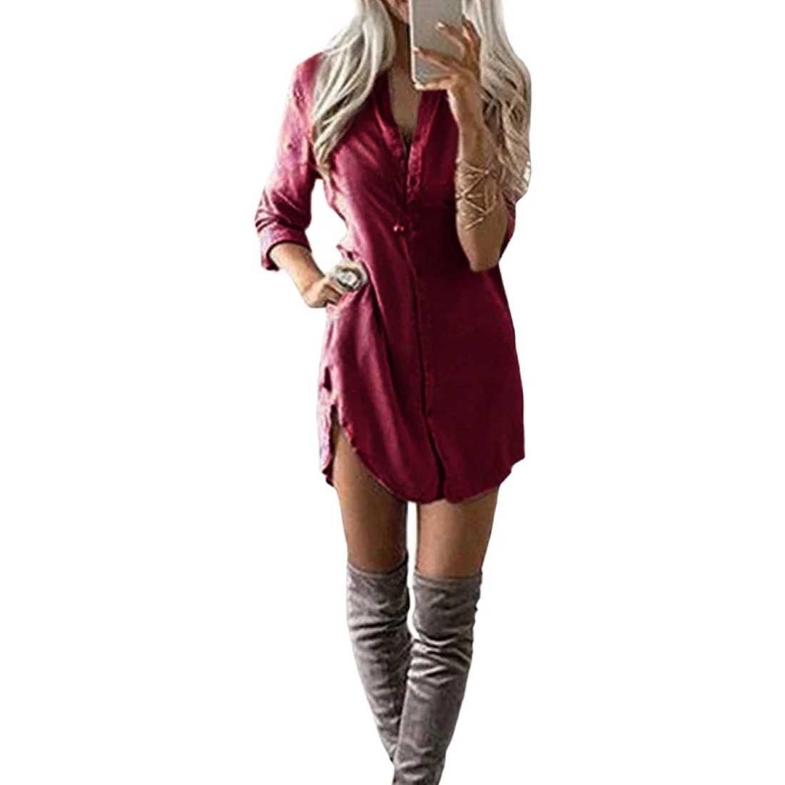 Женские однотонные свободные пуговицы с отложным воротником вечерние платья