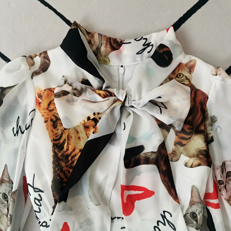 

Plus Size Maxi Long Dress Autumn High Quality New Women'S Fashion Casual Elegant Cat Print Chiffon Streamers Party Dresses