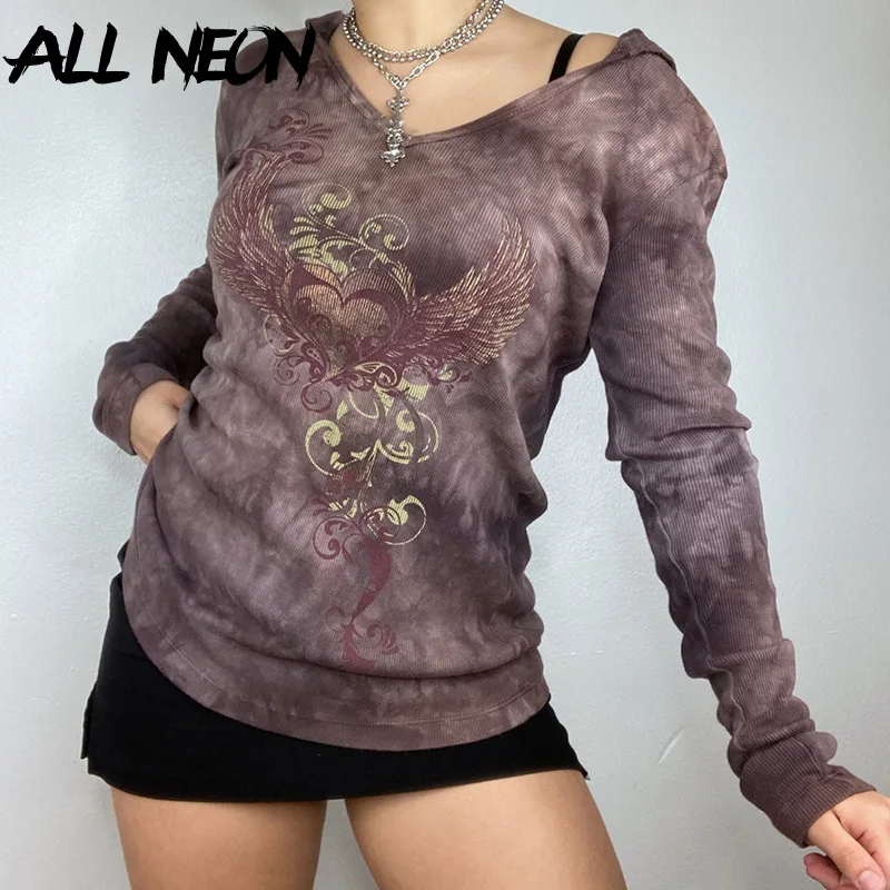 ALLNeon, волшебная уличная одежда, длинные топы с капюшоном и окрашиванием на завязках Y2K, эстетичный принт крыльев, коричневые футболки с длинным рукавом, тонкие футболки в стиле панк