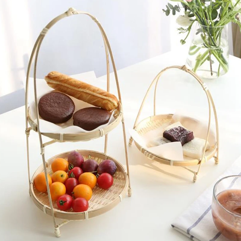 

Bamboo Weaving Straw Baskets Tier Rack Wicker Fruit Bread Food Storage Kitchen Decorate Round Plate Stand Container