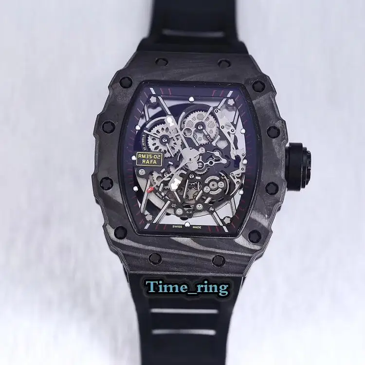 

Luxury Brand New Limited Edition Skeleton Dial Carbon Fiber Case Japan Miyota Automatic Mechanical Mens Black Blue Rubber Watch