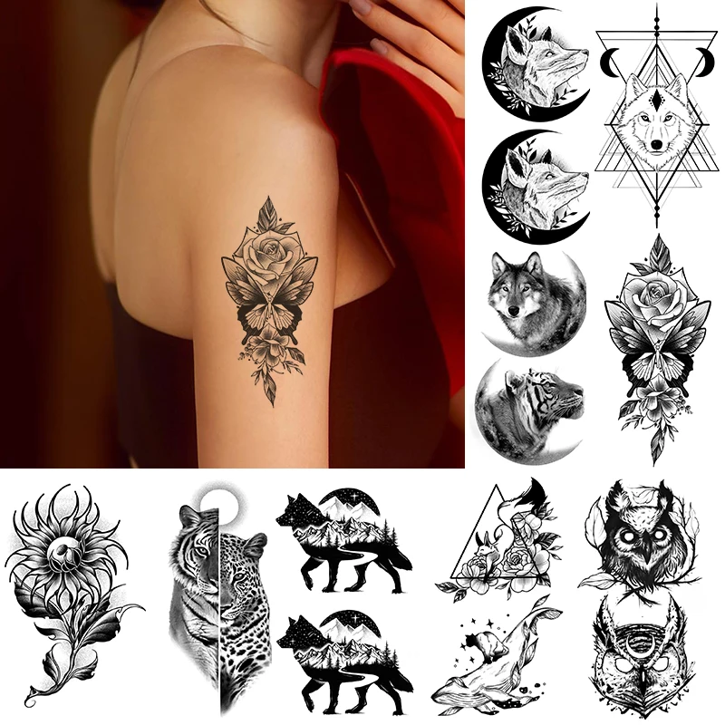 

Waterproof Temporary Tattoo Sticker Moon Wolf Flower Deer Tiger Animal Black Flash Tatoo Fake Tatto Body Art for Women Men