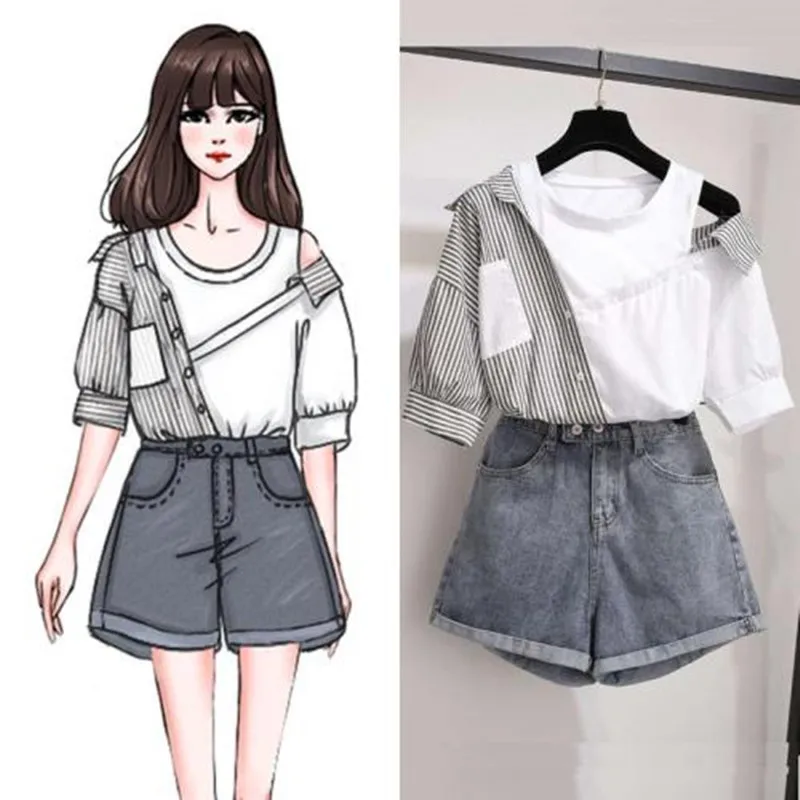 

2020 summer korean two pieces set women striped patchwork off shoulder tops blouse and blue denim shorts sets women clothes