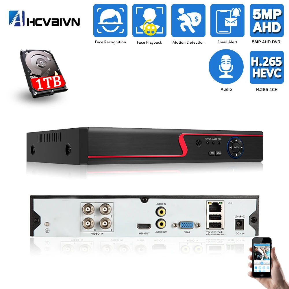 5MP 6в1 HD TVI CVI AHD IP безопасности DVR 4ch рекордер H.265 цифровой видео с умным