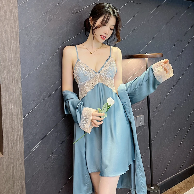 

Spring New Two-piece Nightdress High Quality Ice Silk Long Sleeve Nightgown Women Embroidered Backless Sexy Nightgown Satin
