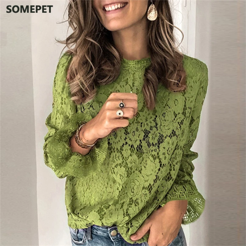 

Spring Summer O-Neck Floral Lace Shirt Female Elegant Flare Long Sleeve Blouse Shirts Sexy Women Hollow Out Mesh Blusa Tops XXXL