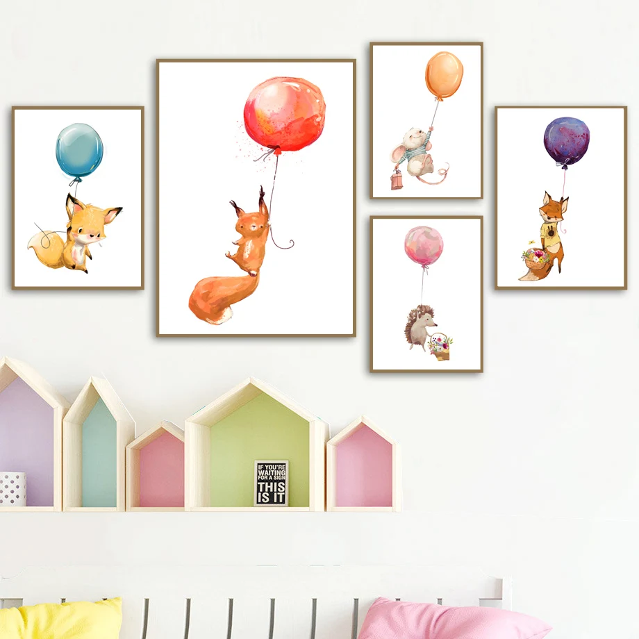 

Child Poster Cartoon Fox Rabbit Hedgehog Canvas Painting Cute Animals Holding A Balloon Wall Pictures for Kids Room Decor