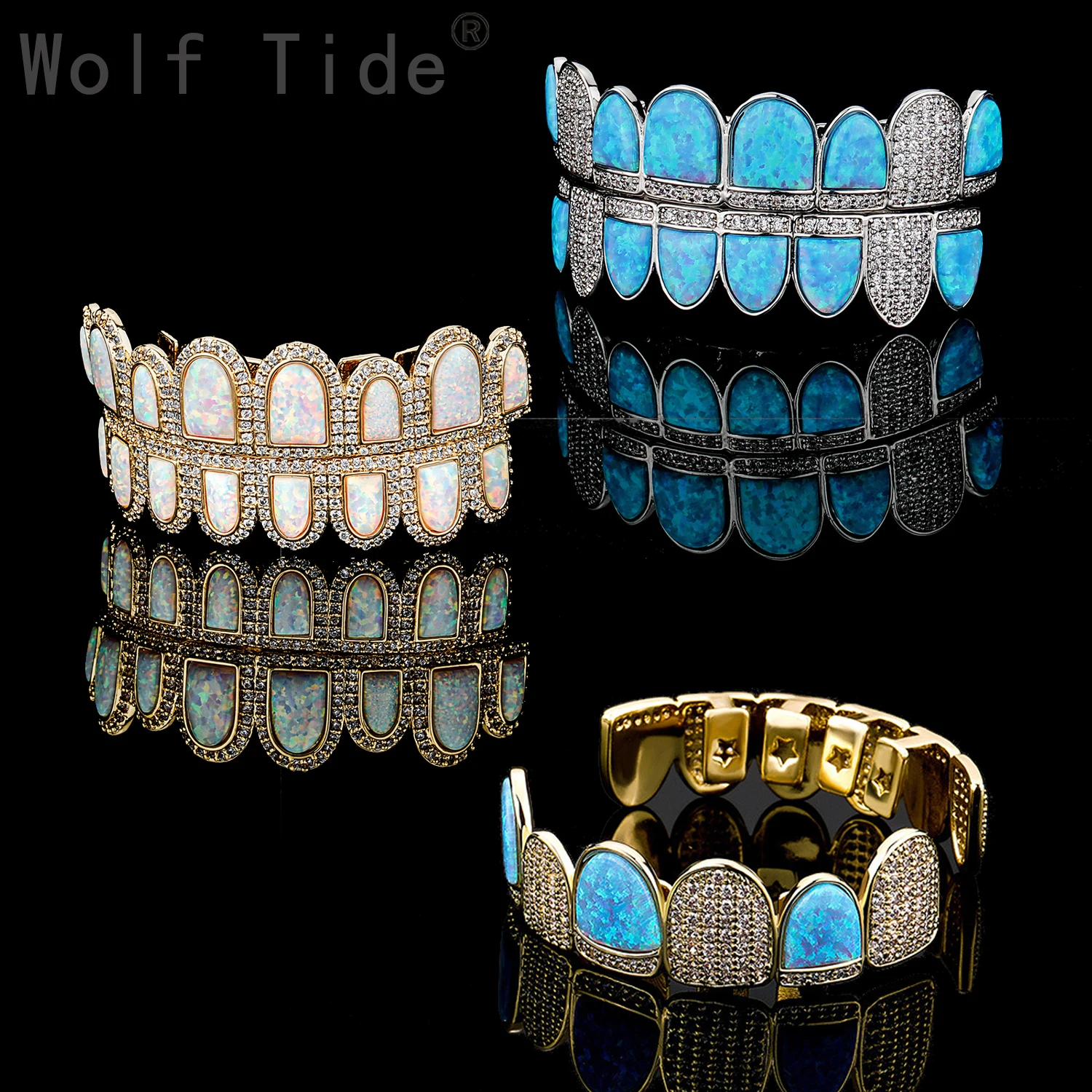 Gold Blue White Opal Grillz Brace Punk Hip Hop Iced Cubic Zircon Dental Mouth Fang Grills Vampire Tooth Cap Cosplay Rap Jewelry