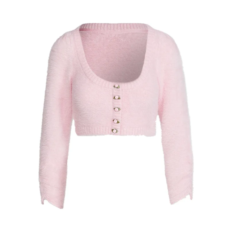 

Pink Cropped Sweater Cardigan for Women Fluffy Knitted Jumper Harajuku Punk Rock Fleece Cute Sweet Flower Button Crop Top Y2k