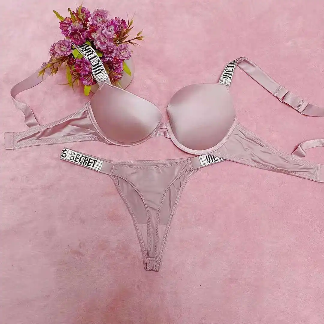 

Sexy Rhinestone Bikini Secret Letter Women Underwear Thong Soft Filling Push Up Bra Panty 2 Piece Adjustable Bra Set