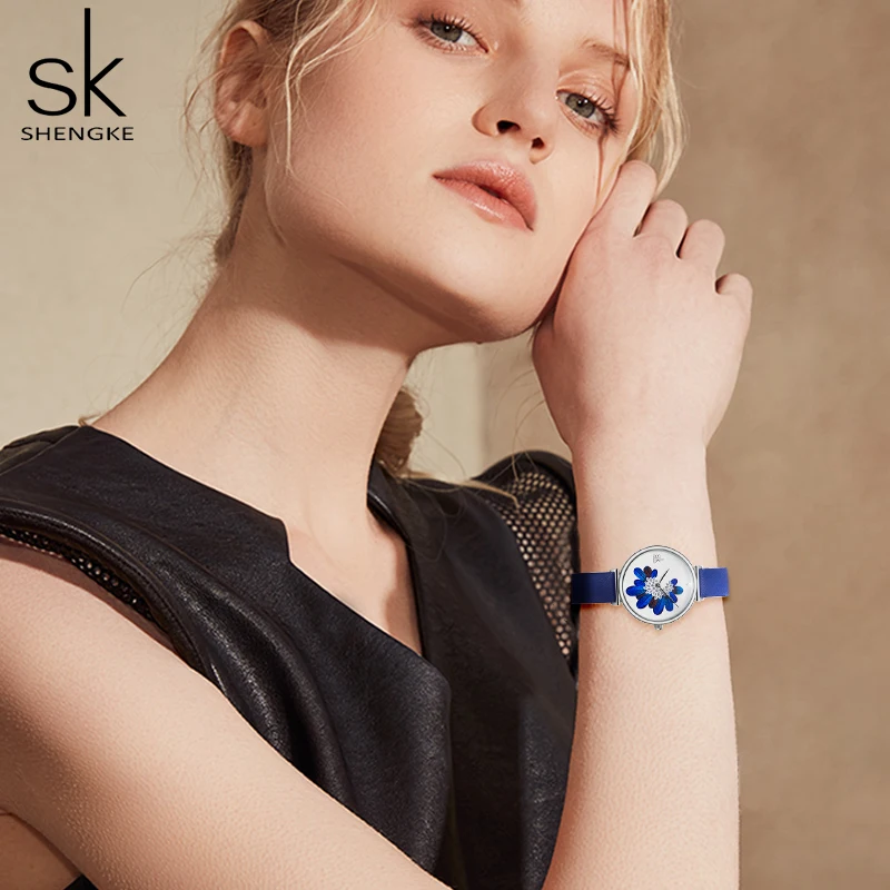 Shengke Fashion Blue Feather Women Watches Top Brand Luxury Leather Strap Wristwatch Elegant Clock Quartz Ladies Watch | Наручные часы